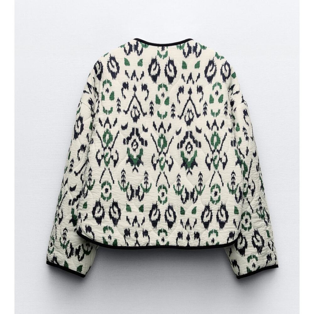 Zara Quilted Bomber Jacket Size Medium Cream Green Navy Multicolor Pattern EUC - Picture 5 of 11
